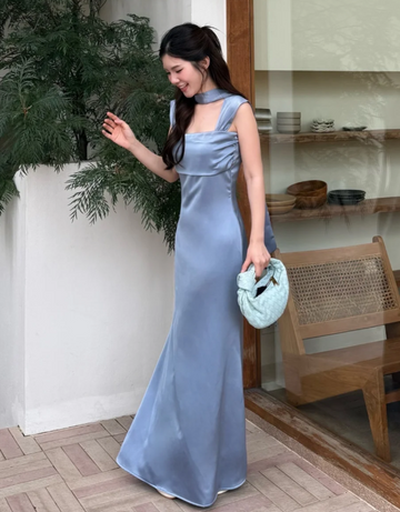 Niulatu Square Neck Sheath Grey Blue Long Bridesmaid Dresses Satin Grey Blue Wedding Guest Dresses HZ1026